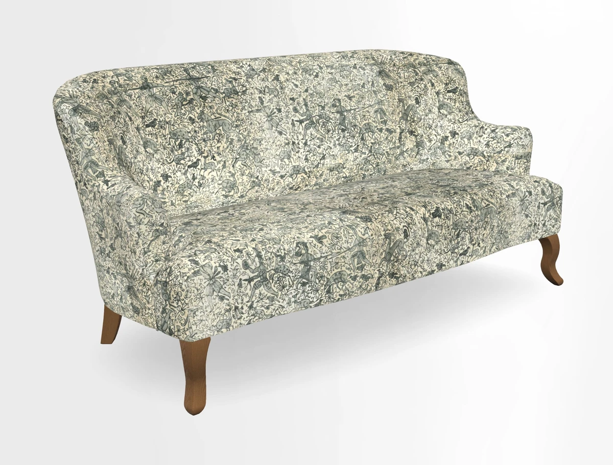 Grassington 3 Seater Sofa in RHS Botanicals on Velvet Ferns Toile Olive with scatter in Almost Plain Velvet Harvest