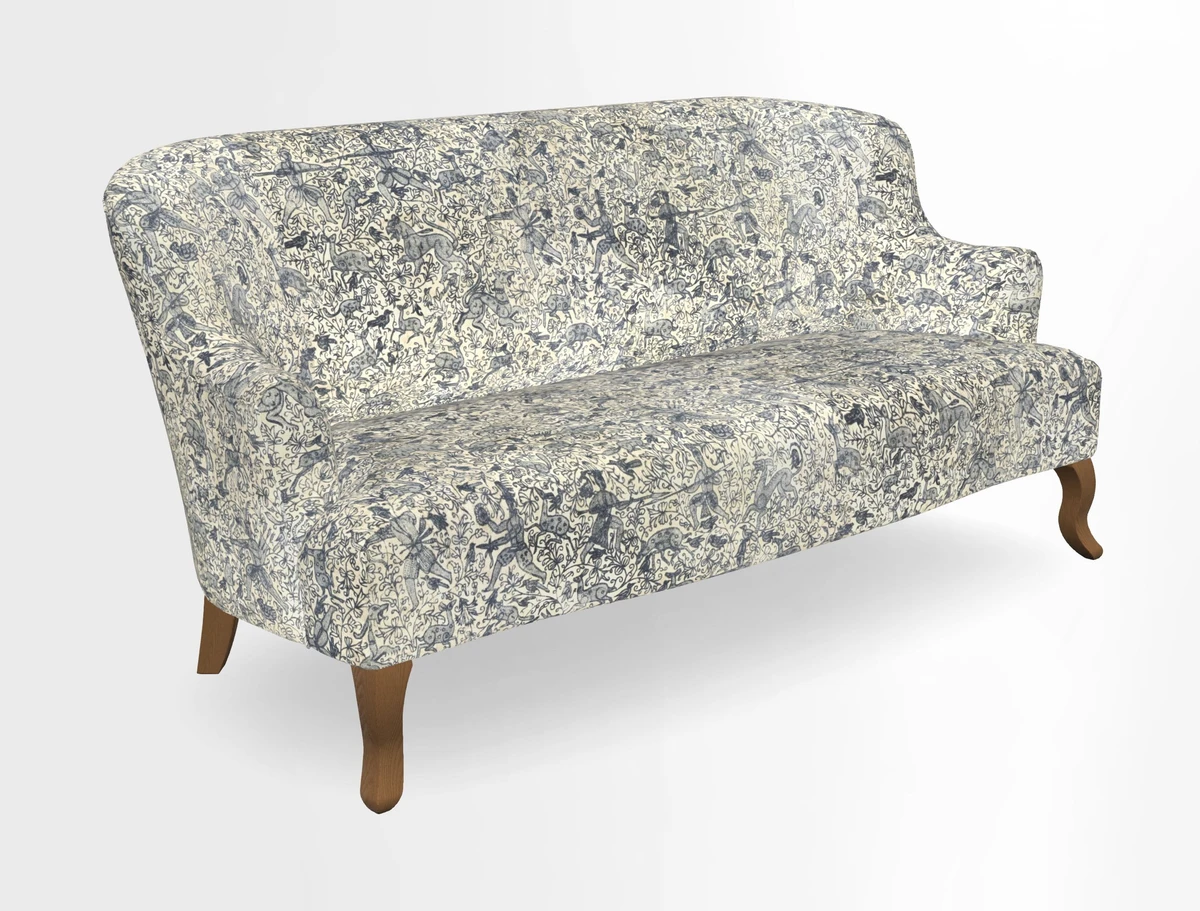 Grassington 3 Seater Sofa in RHS Botanicals on Velvet Ferns Toile Olive with scatter in Almost Plain Velvet Harvest