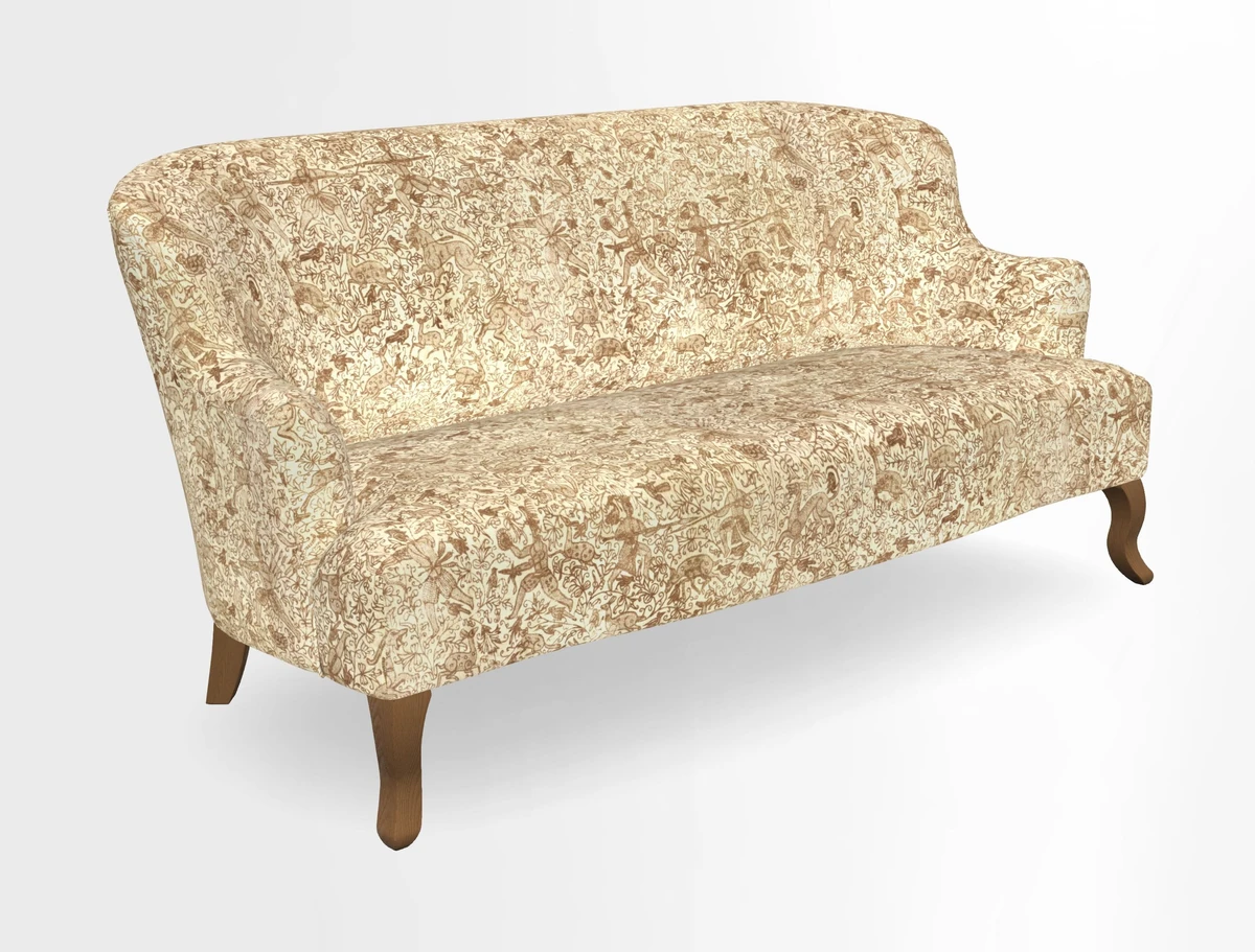 Grassington 3 Seater Sofa in RHS Botanicals on Velvet Ferns Toile Olive with scatter in Almost Plain Velvet Harvest