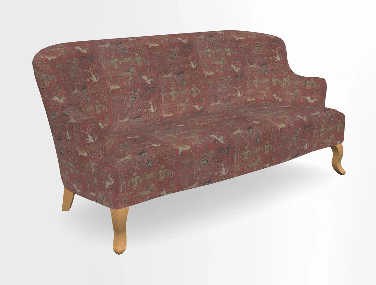 Grassington 3 Seater Sofa in RHS Botanicals on Velvet Ferns Toile Olive with scatter in Almost Plain Velvet Harvest
