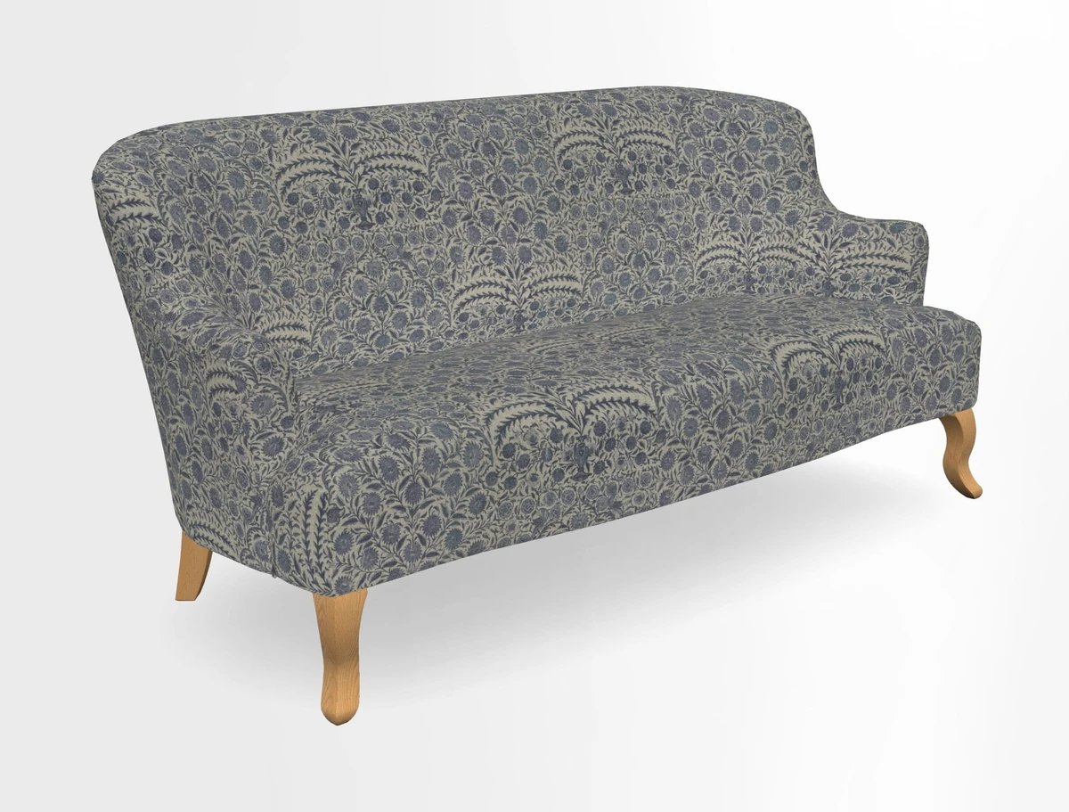 Grassington 3 Seater Sofa in RHS Botanicals on Velvet Ferns Toile Olive with scatter in Almost Plain Velvet Harvest