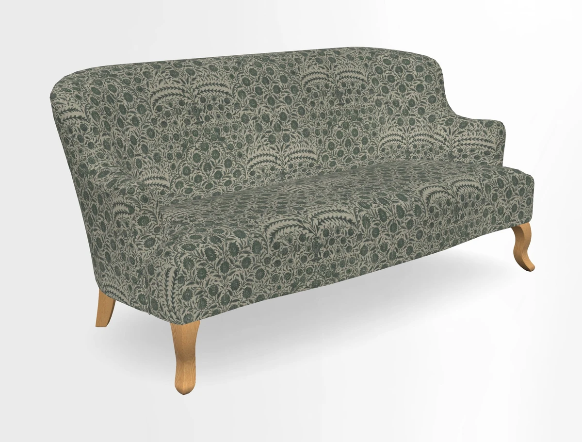 Grassington 3 Seater Sofa in RHS Botanicals on Velvet Ferns Toile Olive with scatter in Almost Plain Velvet Harvest