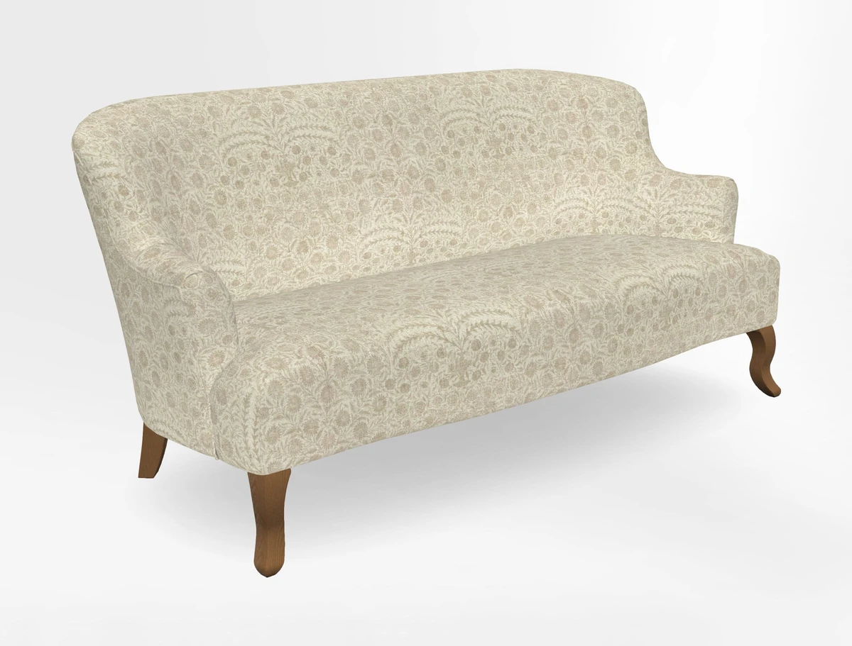 Grassington 3 Seater Sofa in RHS Botanicals on Velvet Ferns Toile Olive with scatter in Almost Plain Velvet Harvest