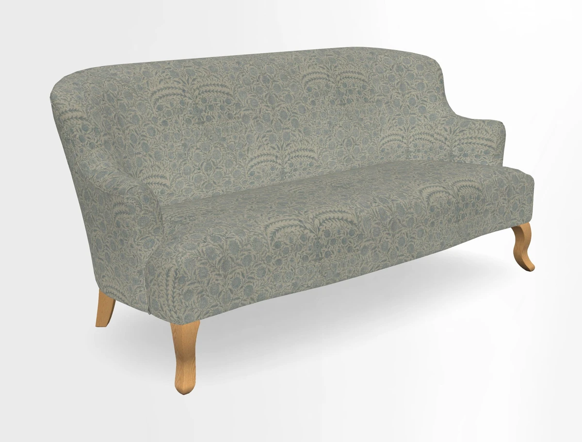 Grassington 3 Seater Sofa in RHS Botanicals on Velvet Ferns Toile Olive with scatter in Almost Plain Velvet Harvest