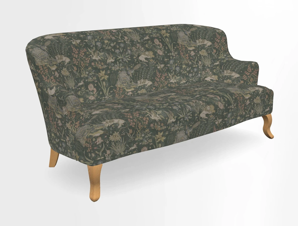 Grassington 3 Seater Sofa in RHS Botanicals on Velvet Ferns Toile Olive with scatter in Almost Plain Velvet Harvest
