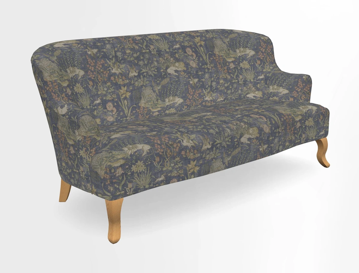 Grassington 3 Seater Sofa in RHS Botanicals on Velvet Ferns Toile Olive with scatter in Almost Plain Velvet Harvest