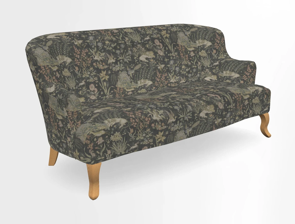 Grassington 3 Seater Sofa in RHS Botanicals on Velvet Ferns Toile Olive with scatter in Almost Plain Velvet Harvest