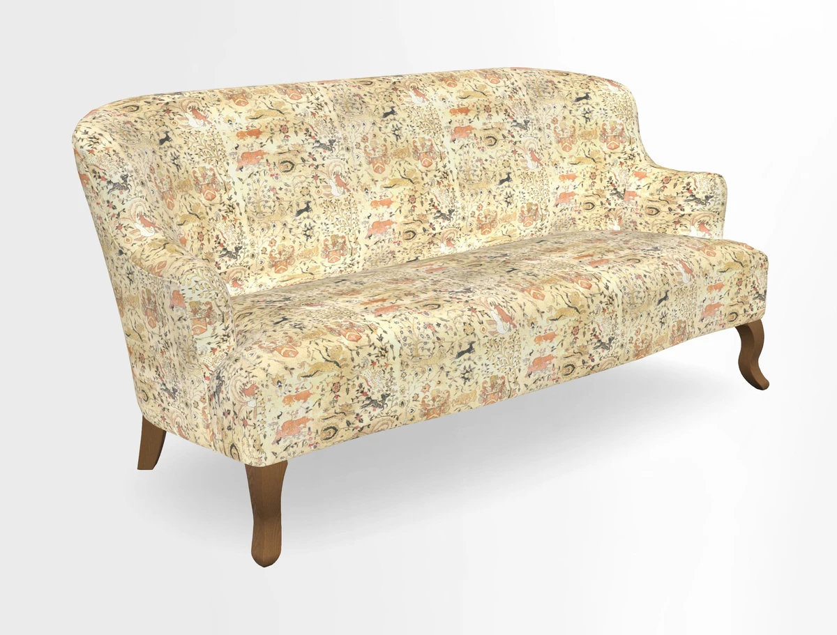 Grassington 3 Seater Sofa in RHS Botanicals on Velvet Ferns Toile Olive with scatter in Almost Plain Velvet Harvest