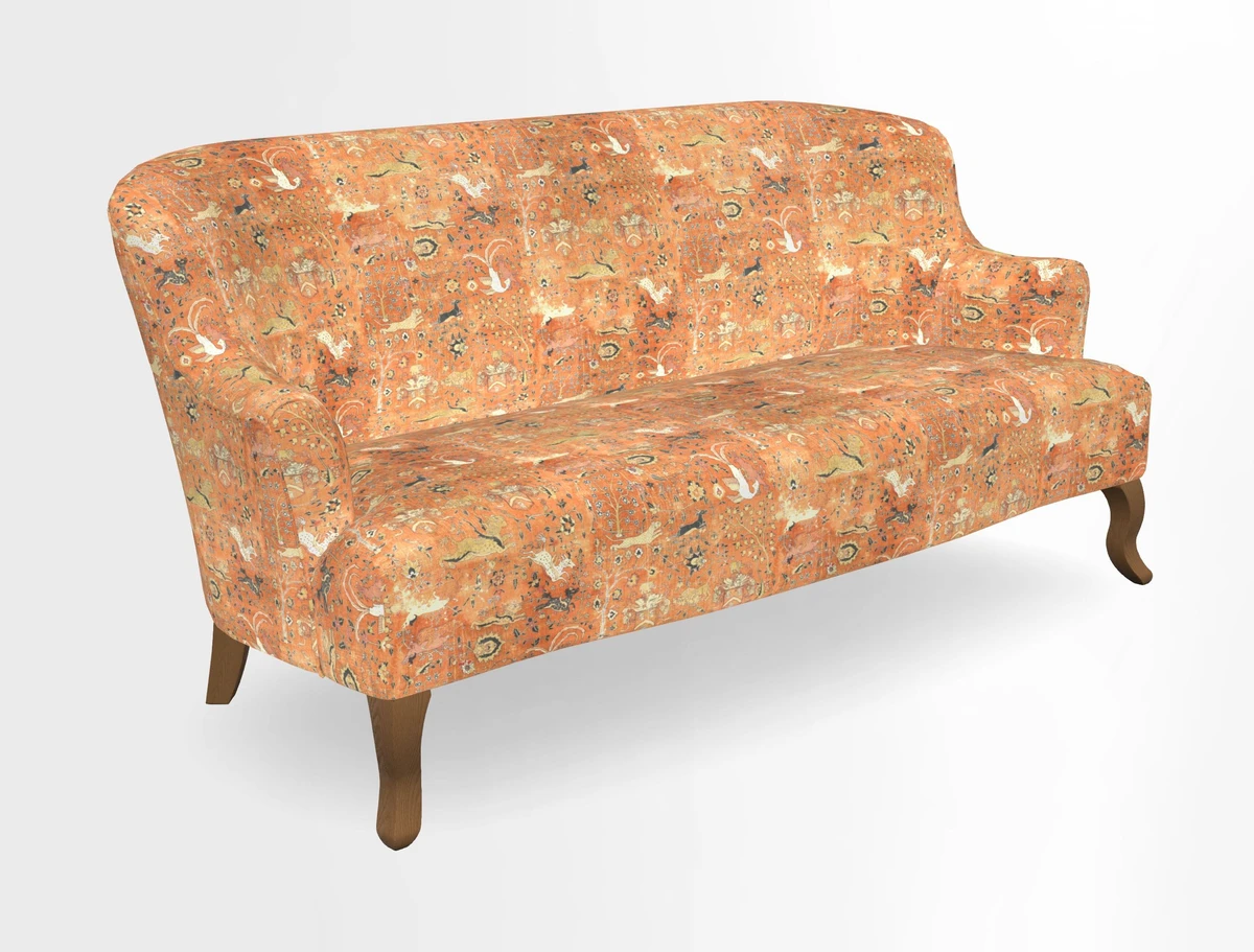 Grassington 3 Seater Sofa in RHS Botanicals on Velvet Ferns Toile Olive with scatter in Almost Plain Velvet Harvest
