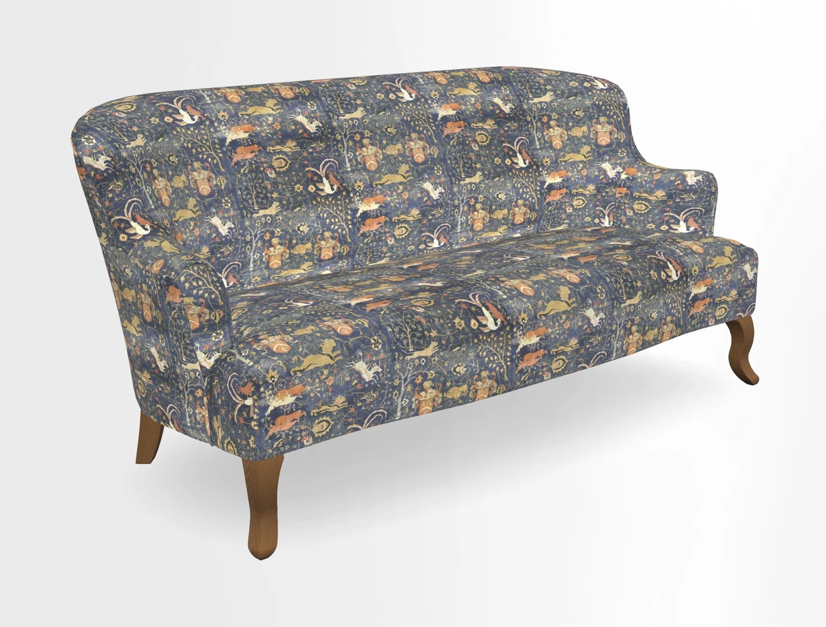 Grassington 3 Seater Sofa in RHS Botanicals on Velvet Ferns Toile Olive with scatter in Almost Plain Velvet Harvest