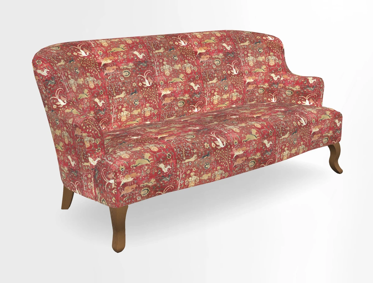 Grassington 3 Seater Sofa in RHS Botanicals on Velvet Ferns Toile Olive with scatter in Almost Plain Velvet Harvest