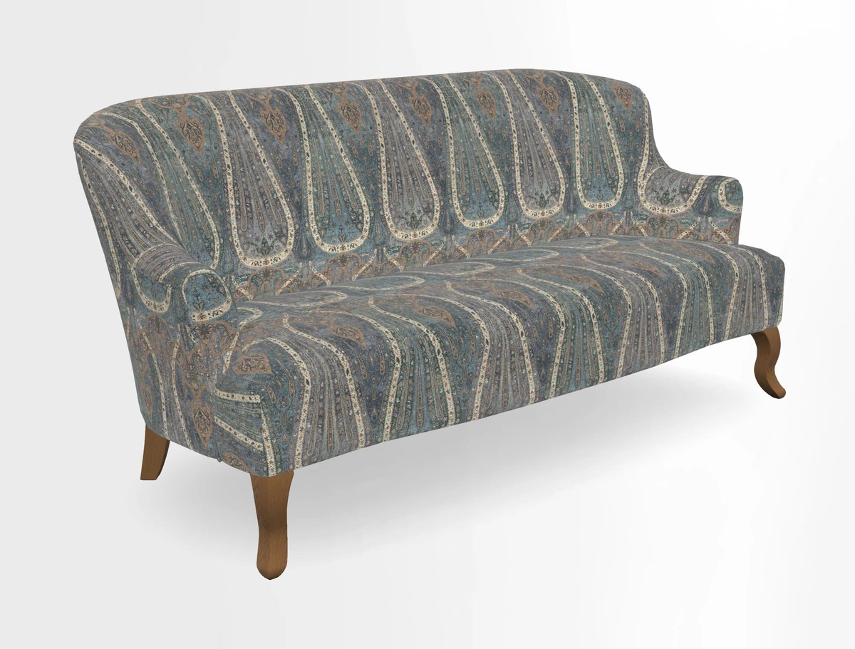 Grassington 3 Seater Sofa in RHS Botanicals on Velvet Ferns Toile Olive with scatter in Almost Plain Velvet Harvest