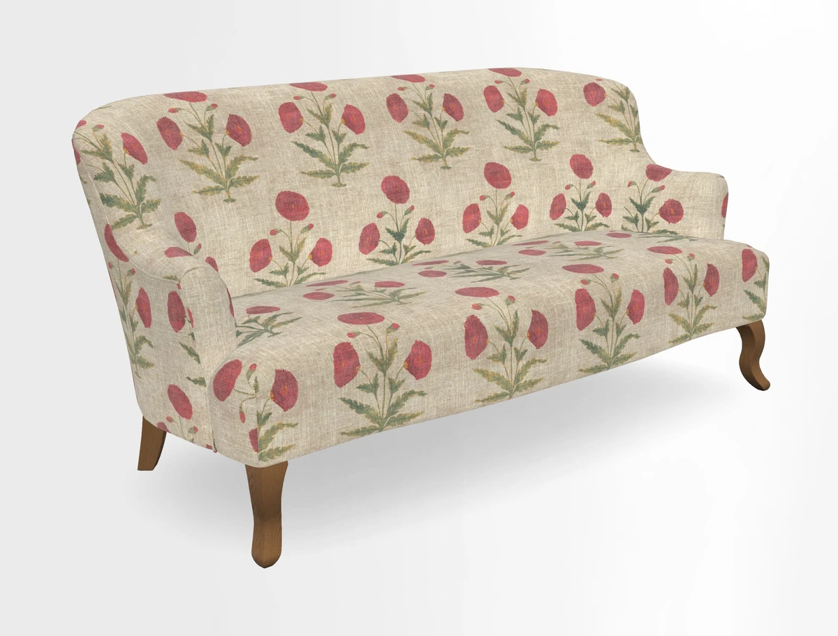 Grassington 3 Seater Sofa in RHS Botanicals on Velvet Ferns Toile Olive with scatter in Almost Plain Velvet Harvest