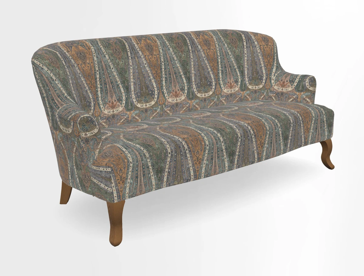 Grassington 3 Seater Sofa in RHS Botanicals on Velvet Ferns Toile Olive with scatter in Almost Plain Velvet Harvest