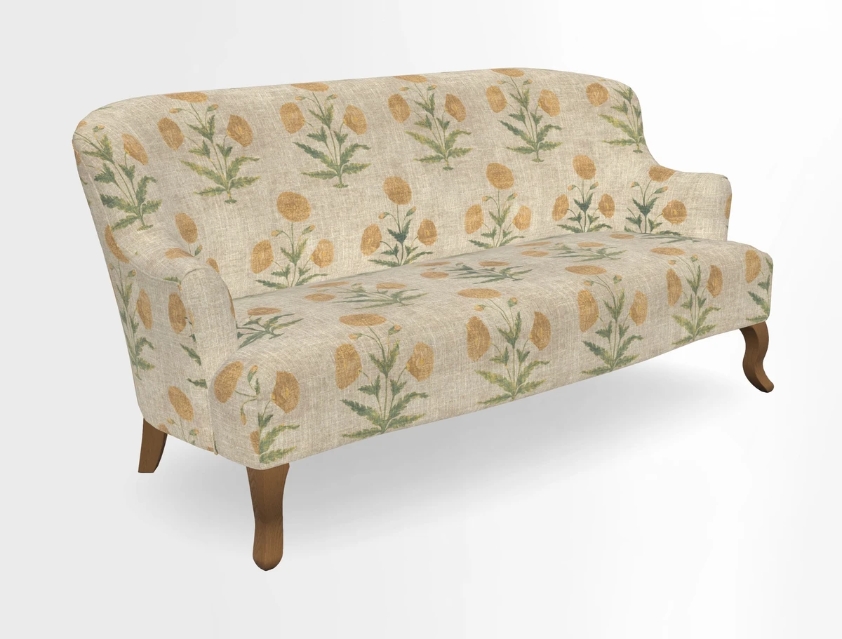 Grassington 3 Seater Sofa in RHS Botanicals on Velvet Ferns Toile Olive with scatter in Almost Plain Velvet Harvest