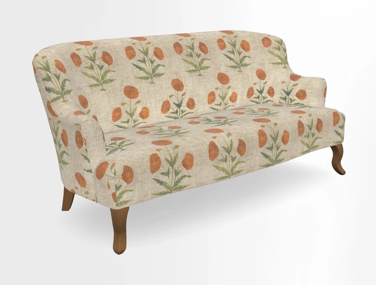 Grassington 3 Seater Sofa in RHS Botanicals on Velvet Ferns Toile Olive with scatter in Almost Plain Velvet Harvest