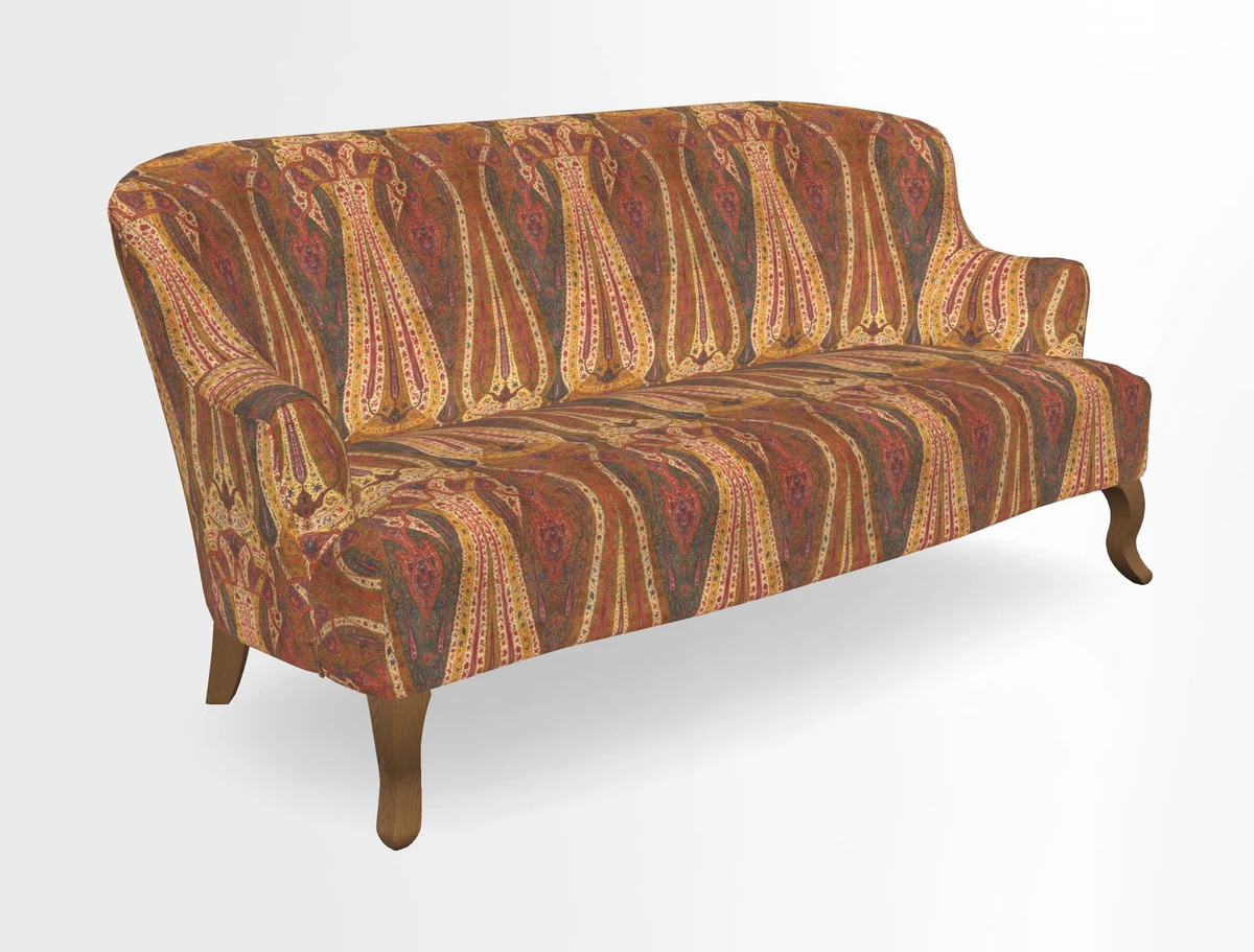 Grassington 3 Seater Sofa in RHS Botanicals on Velvet Ferns Toile Olive with scatter in Almost Plain Velvet Harvest