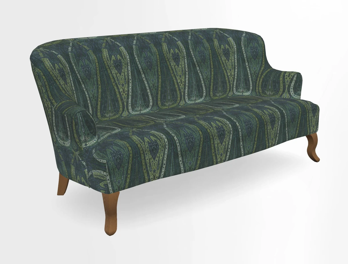 Grassington 3 Seater Sofa in RHS Botanicals on Velvet Ferns Toile Olive with scatter in Almost Plain Velvet Harvest