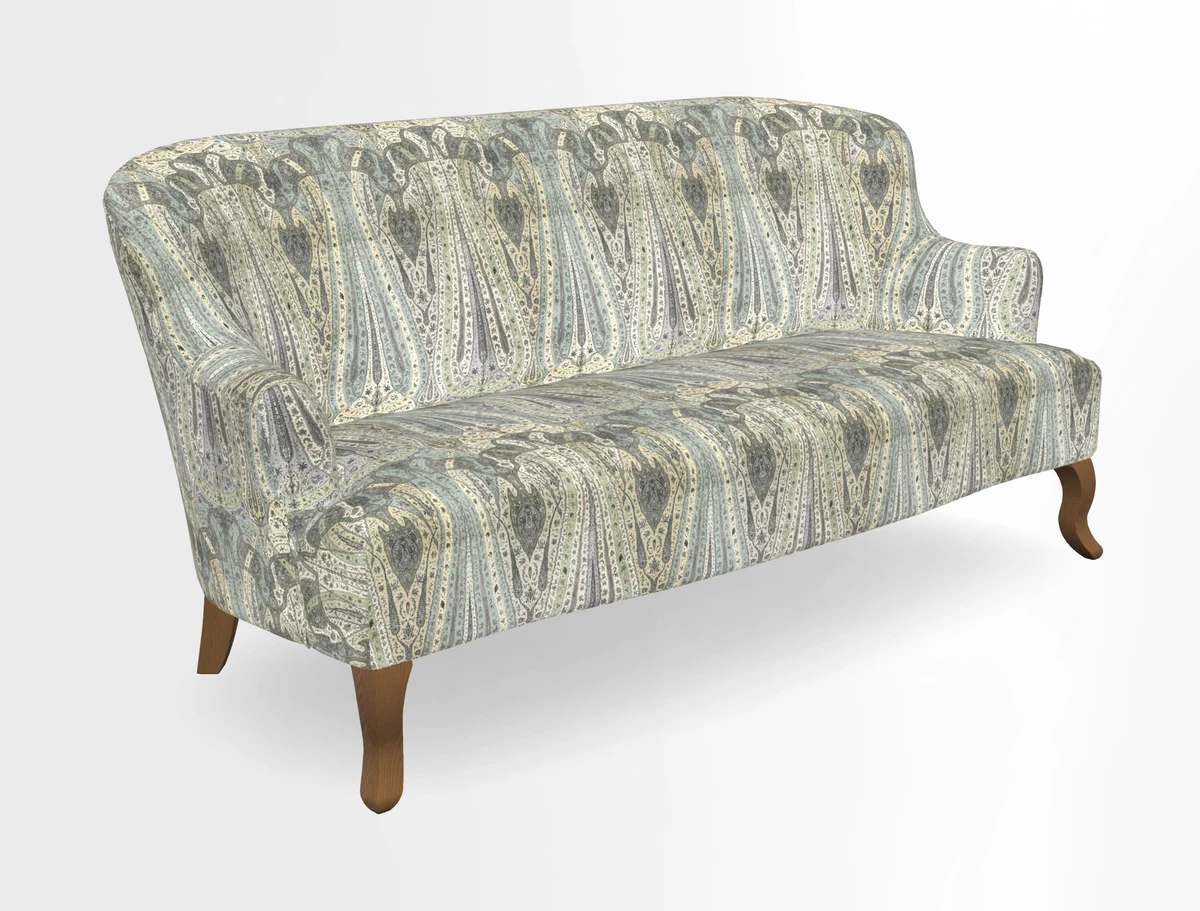 Grassington 3 Seater Sofa in RHS Botanicals on Velvet Ferns Toile Olive with scatter in Almost Plain Velvet Harvest