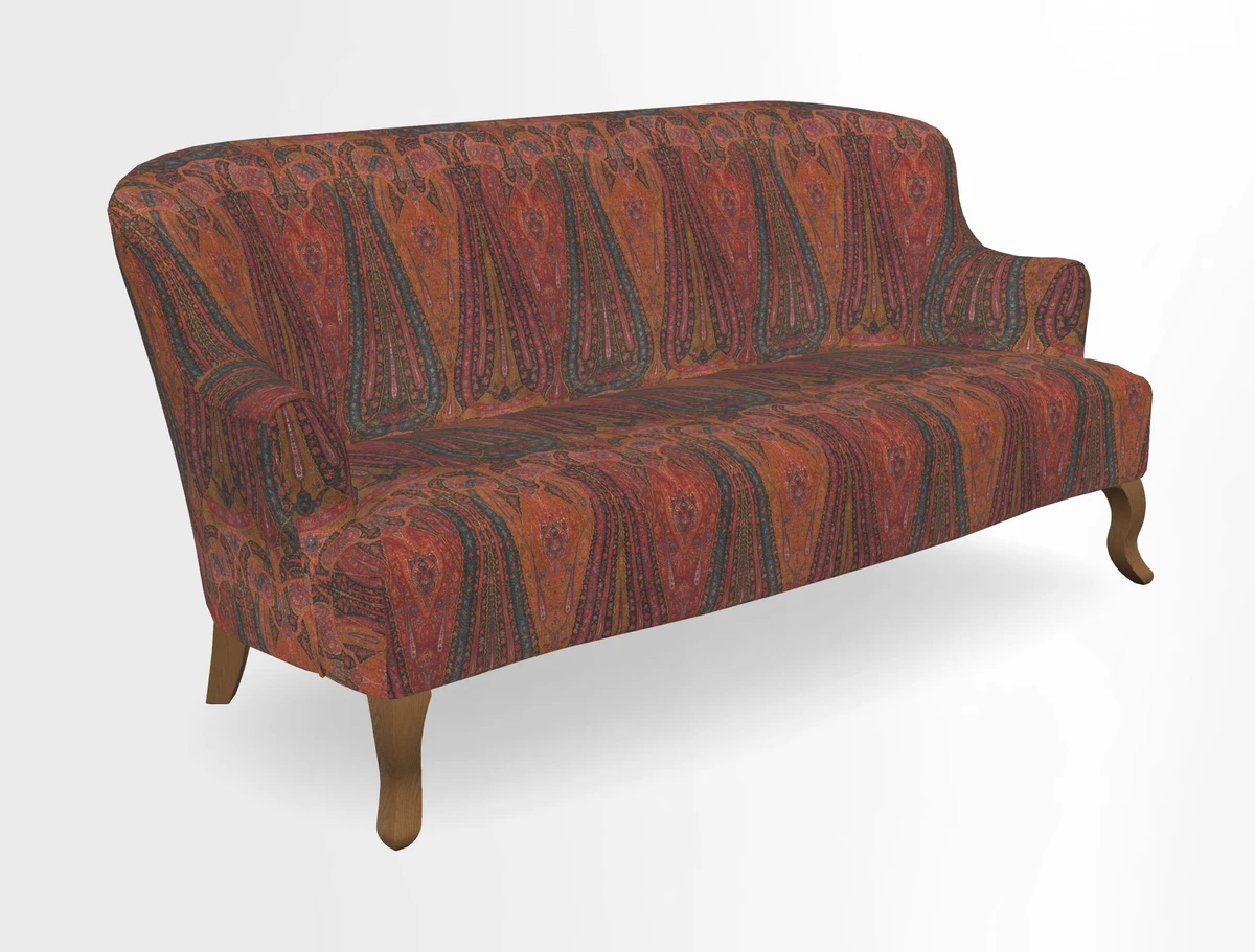 Grassington 3 Seater Sofa in RHS Botanicals on Velvet Ferns Toile Olive with scatter in Almost Plain Velvet Harvest