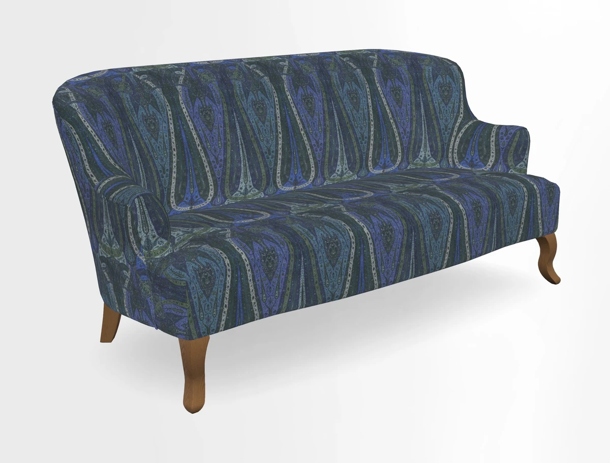 Grassington 3 Seater Sofa in RHS Botanicals on Velvet Ferns Toile Olive with scatter in Almost Plain Velvet Harvest