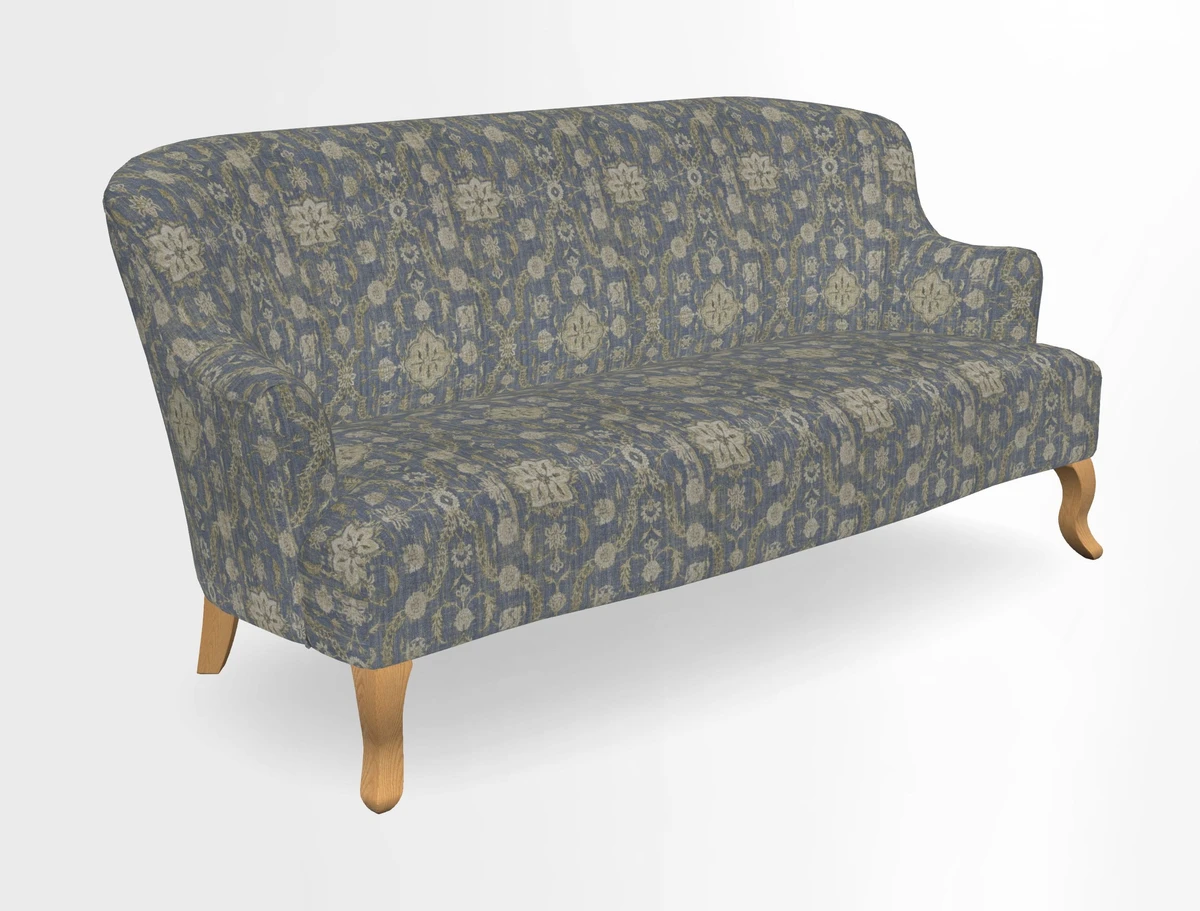Grassington 3 Seater Sofa in RHS Botanicals on Velvet Ferns Toile Olive with scatter in Almost Plain Velvet Harvest