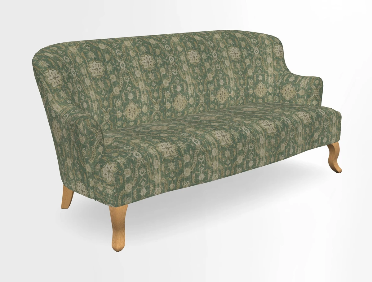 Grassington 3 Seater Sofa in RHS Botanicals on Velvet Ferns Toile Olive with scatter in Almost Plain Velvet Harvest