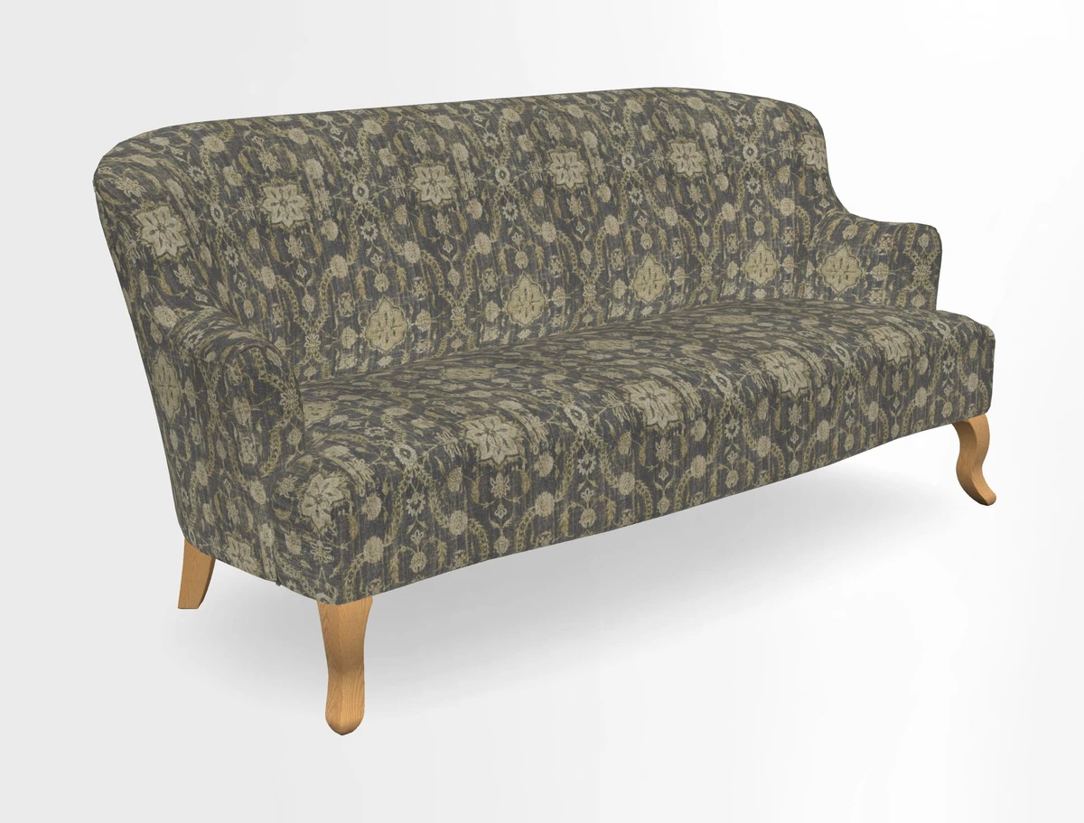 Grassington 3 Seater Sofa in RHS Botanicals on Velvet Ferns Toile Olive with scatter in Almost Plain Velvet Harvest