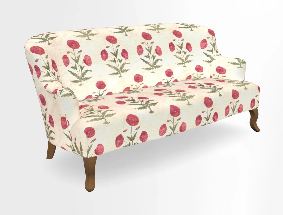 Grassington 3 Seater Sofa in RHS Botanicals on Velvet Ferns Toile Olive with scatter in Almost Plain Velvet Harvest