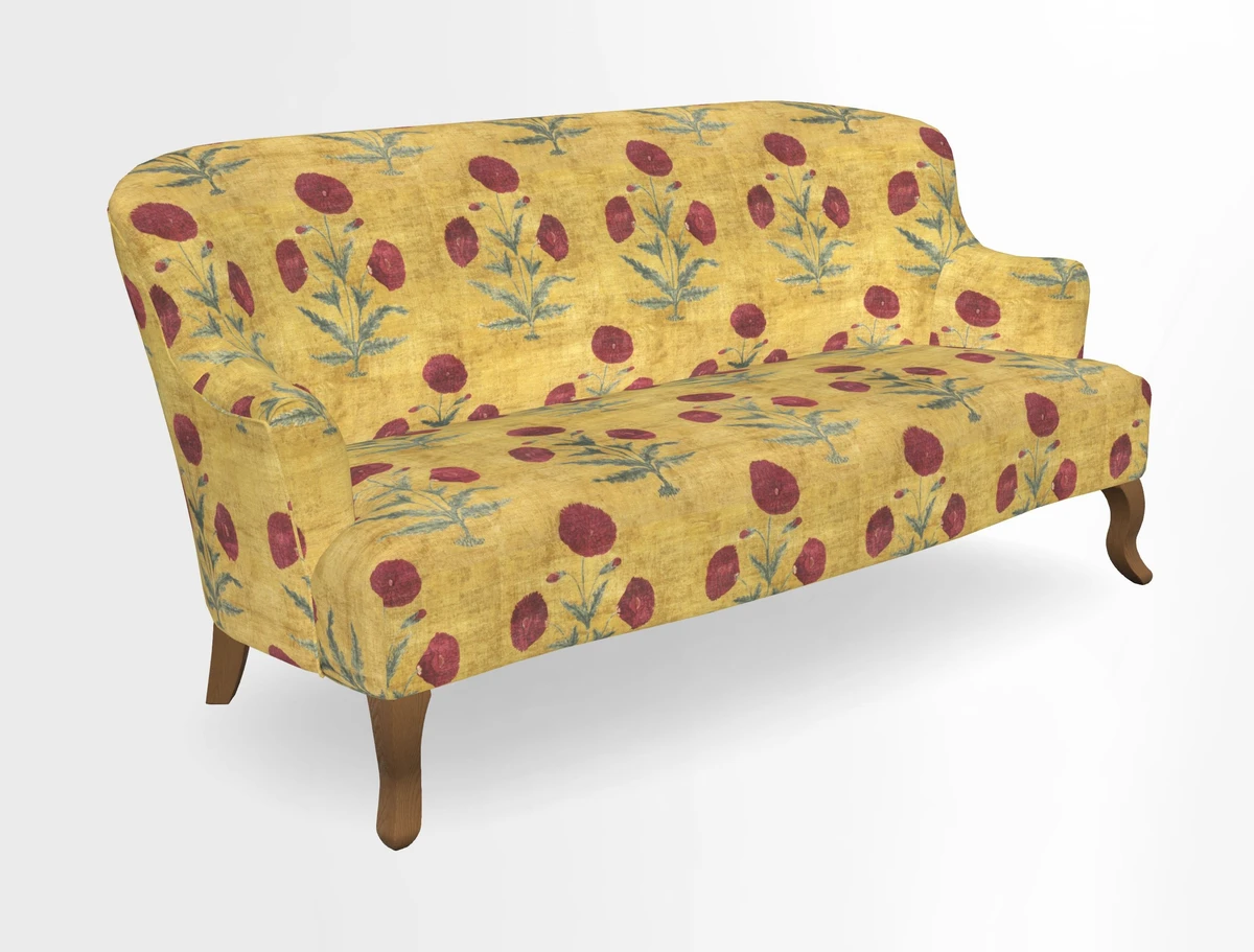 Grassington 3 Seater Sofa in RHS Botanicals on Velvet Ferns Toile Olive with scatter in Almost Plain Velvet Harvest
