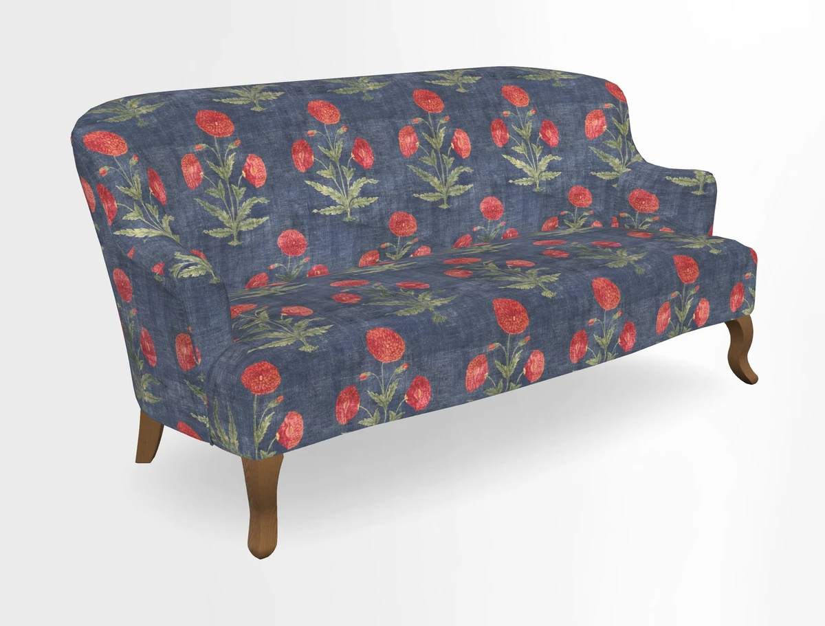Grassington 3 Seater Sofa in RHS Botanicals on Velvet Ferns Toile Olive with scatter in Almost Plain Velvet Harvest