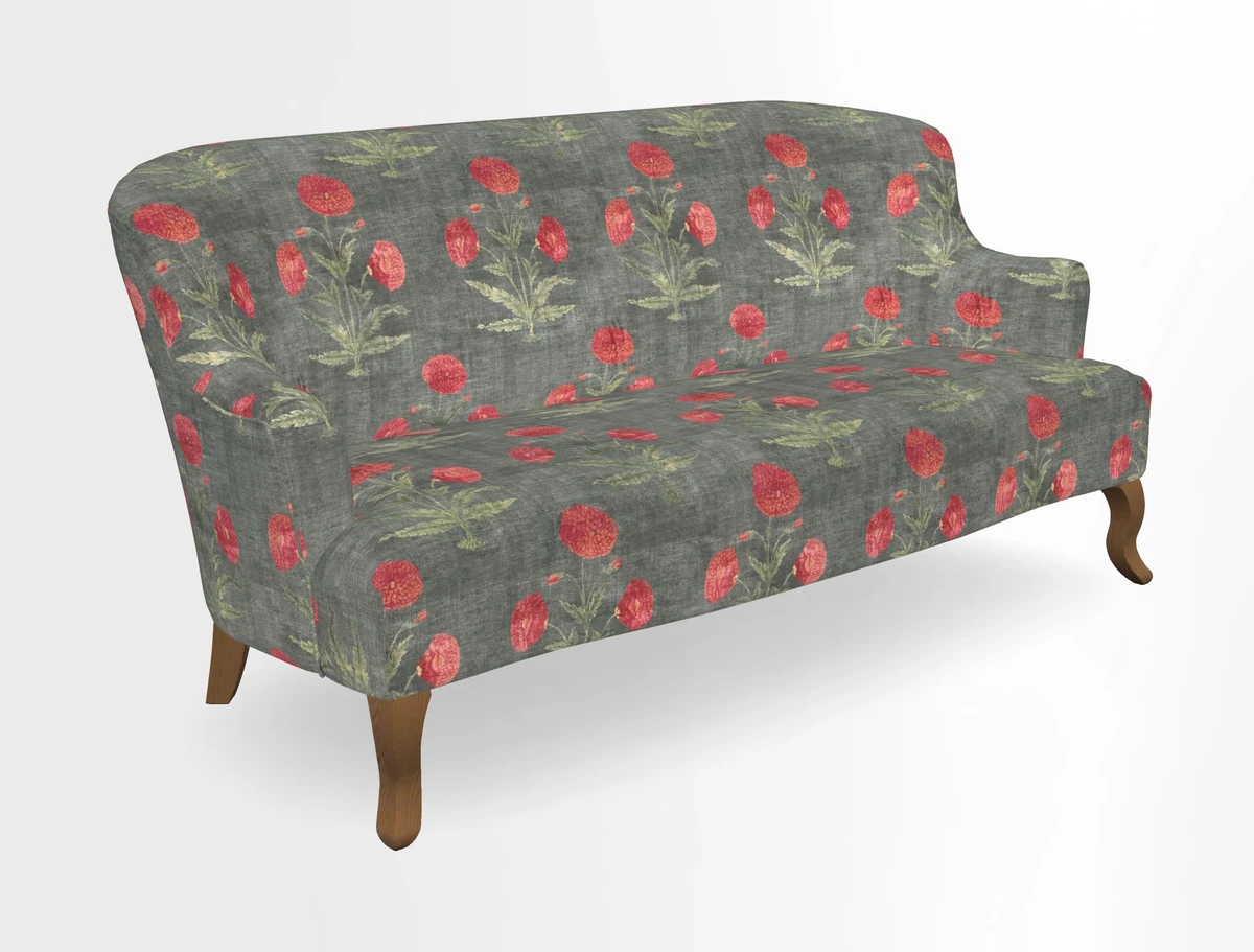 Grassington 3 Seater Sofa in RHS Botanicals on Velvet Ferns Toile Olive with scatter in Almost Plain Velvet Harvest