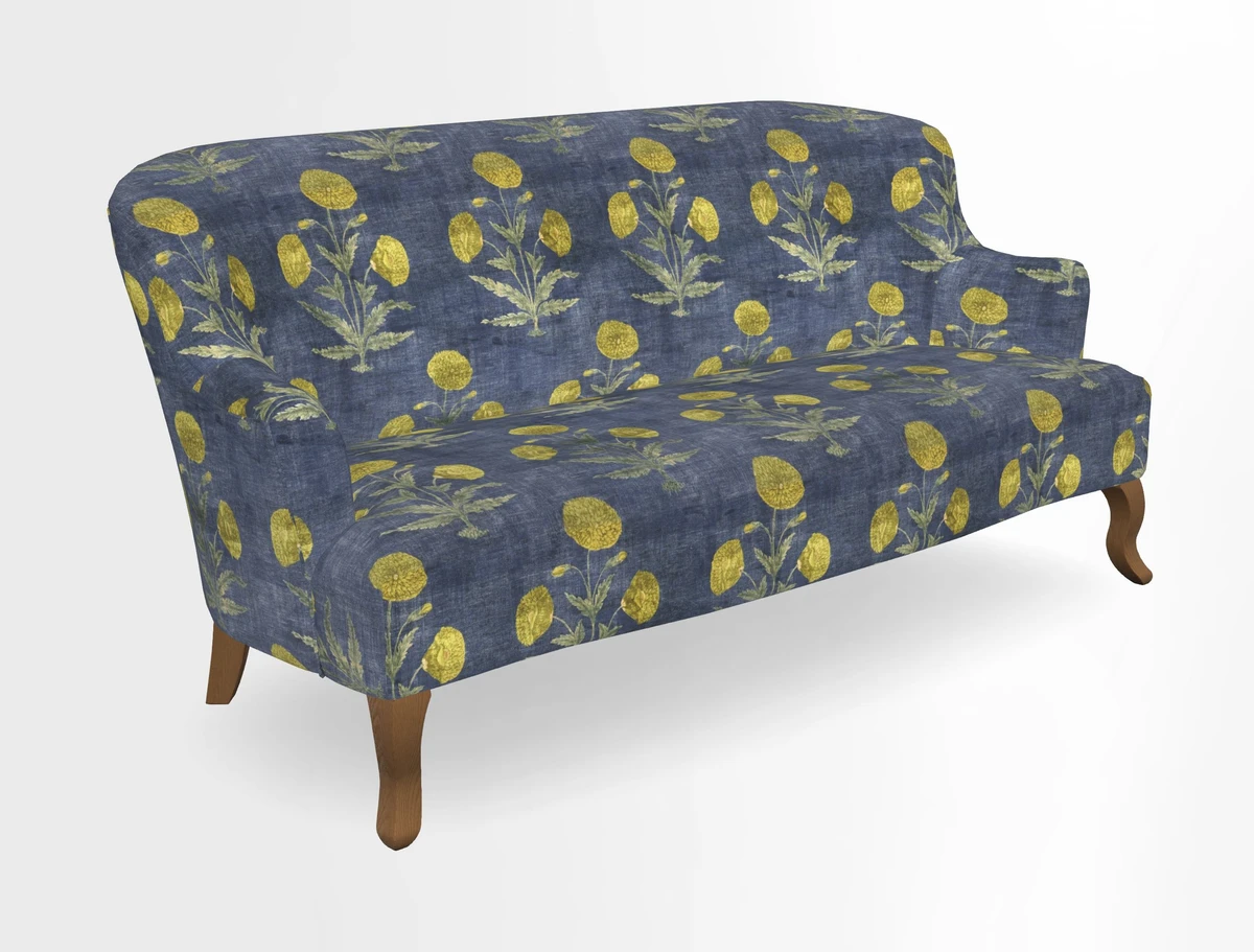 Grassington 3 Seater Sofa in RHS Botanicals on Velvet Ferns Toile Olive with scatter in Almost Plain Velvet Harvest