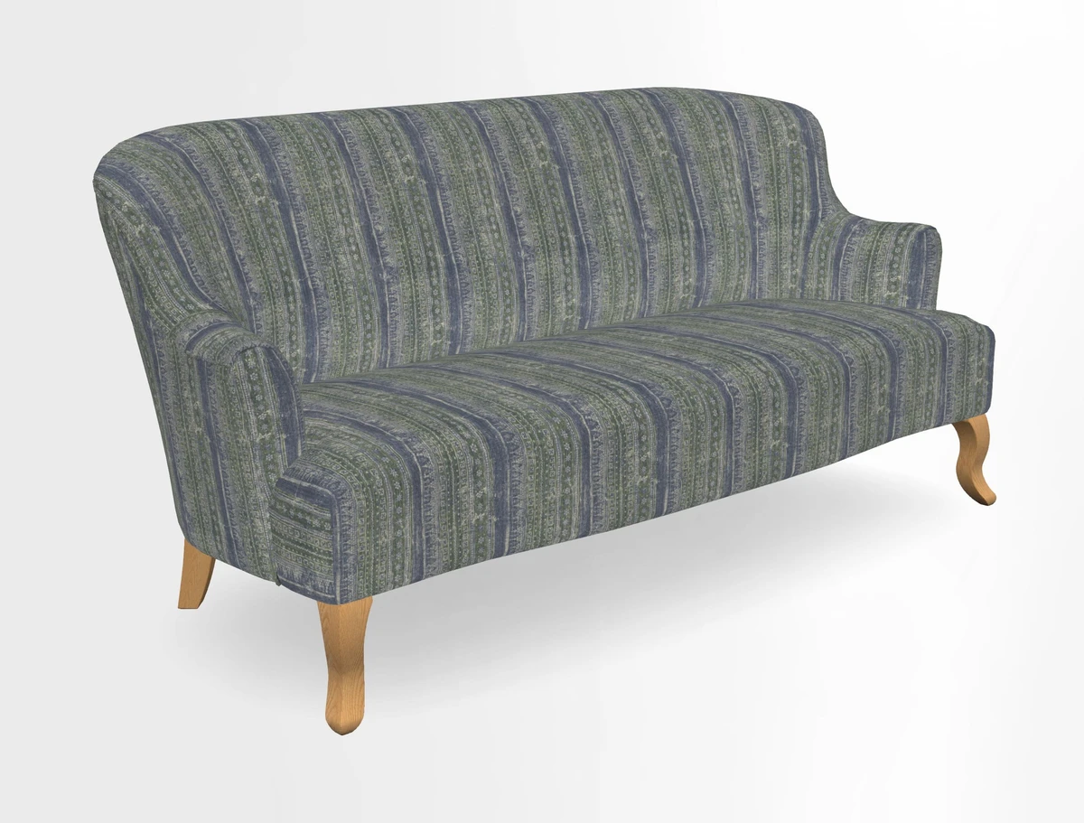 Grassington 3 Seater Sofa in RHS Botanicals on Velvet Ferns Toile Olive with scatter in Almost Plain Velvet Harvest