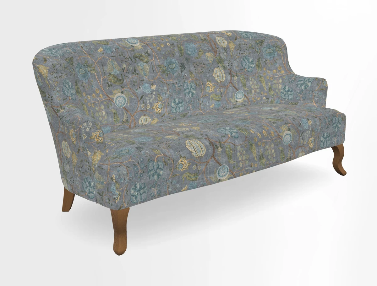 Grassington 3 Seater Sofa in RHS Botanicals on Velvet Ferns Toile Olive with scatter in Almost Plain Velvet Harvest