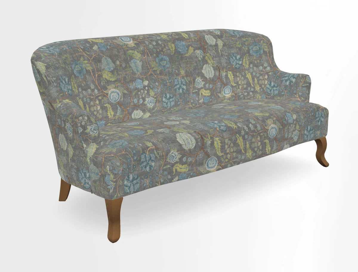 Grassington 3 Seater Sofa in RHS Botanicals on Velvet Ferns Toile Olive with scatter in Almost Plain Velvet Harvest