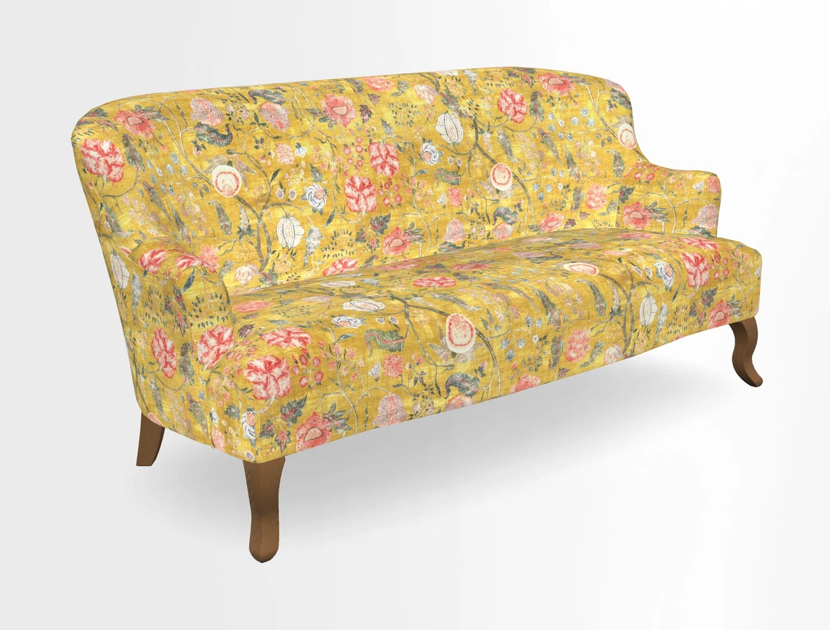 Grassington 3 Seater Sofa in RHS Botanicals on Velvet Ferns Toile Olive with scatter in Almost Plain Velvet Harvest