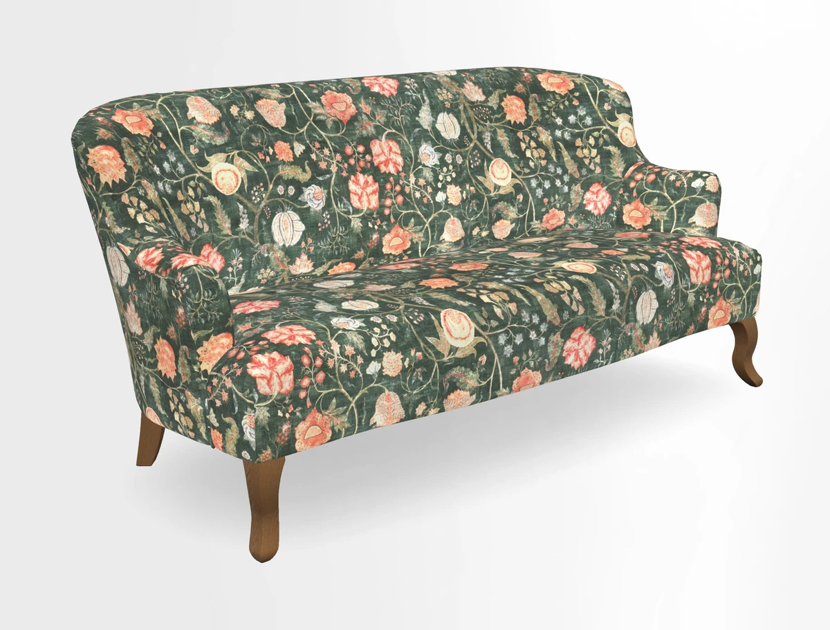 Grassington 3 Seater Sofa in RHS Botanicals on Velvet Ferns Toile Olive with scatter in Almost Plain Velvet Harvest
