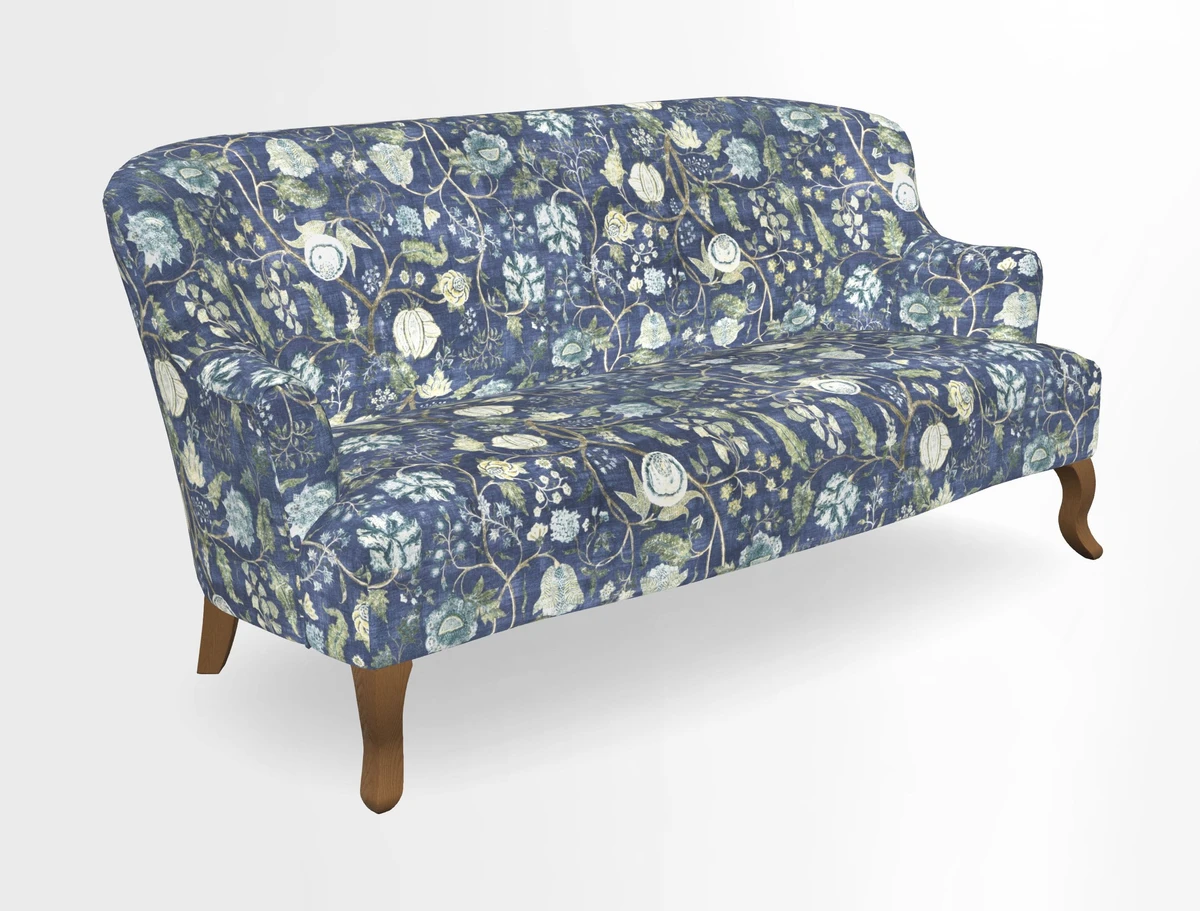 Grassington 3 Seater Sofa in RHS Botanicals on Velvet Ferns Toile Olive with scatter in Almost Plain Velvet Harvest