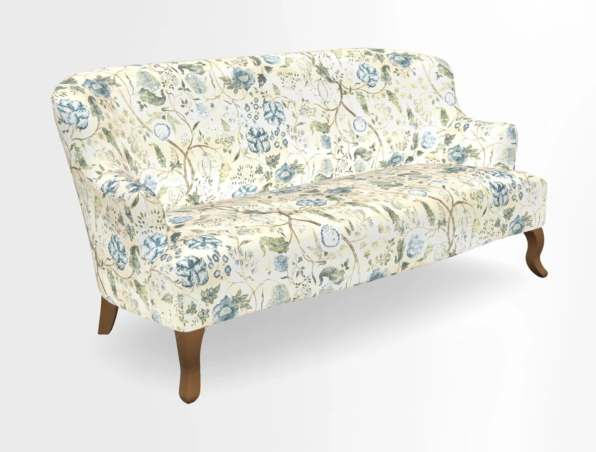 Grassington 3 Seater Sofa in RHS Botanicals on Velvet Ferns Toile Olive with scatter in Almost Plain Velvet Harvest