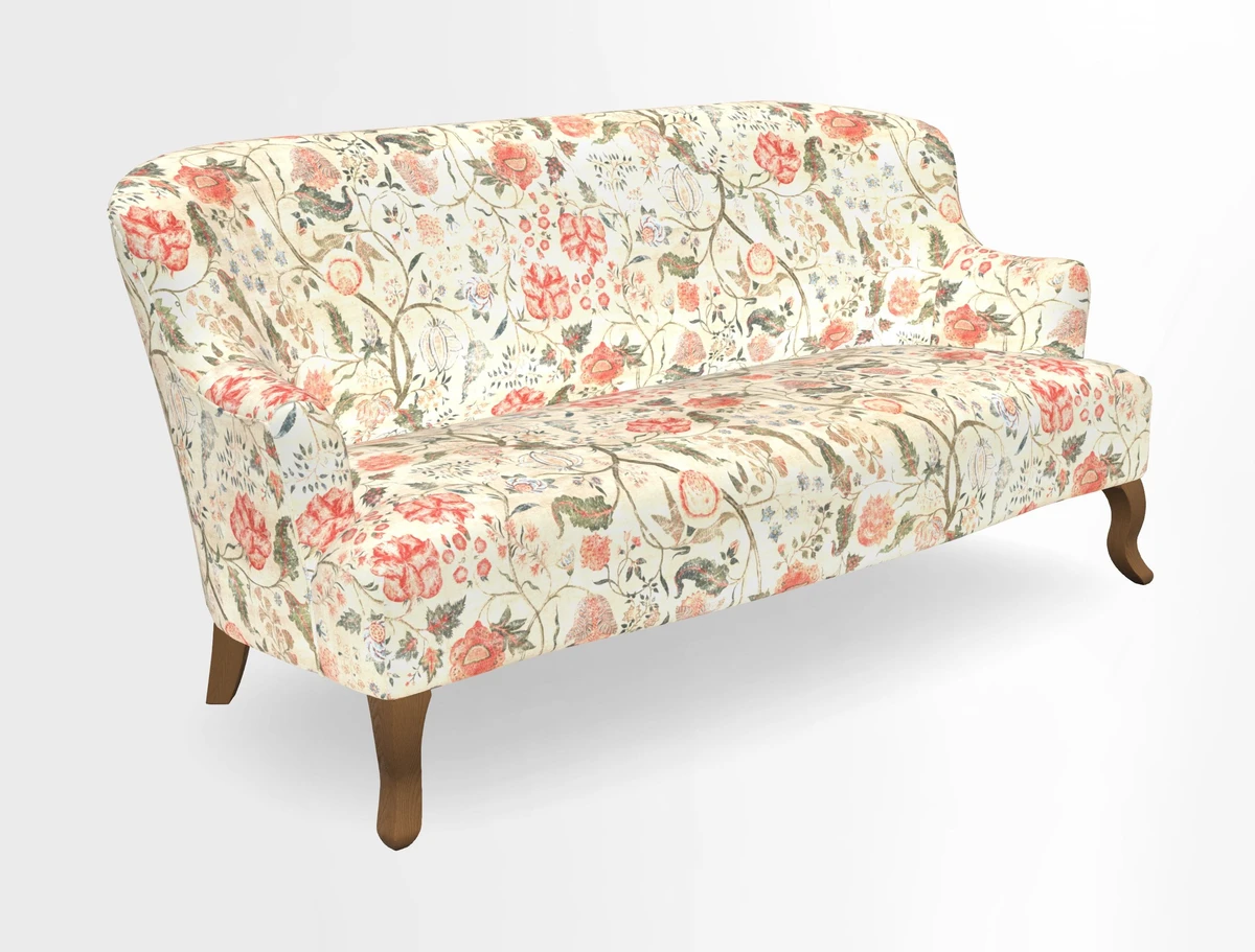 Grassington 3 Seater Sofa in RHS Botanicals on Velvet Ferns Toile Olive with scatter in Almost Plain Velvet Harvest