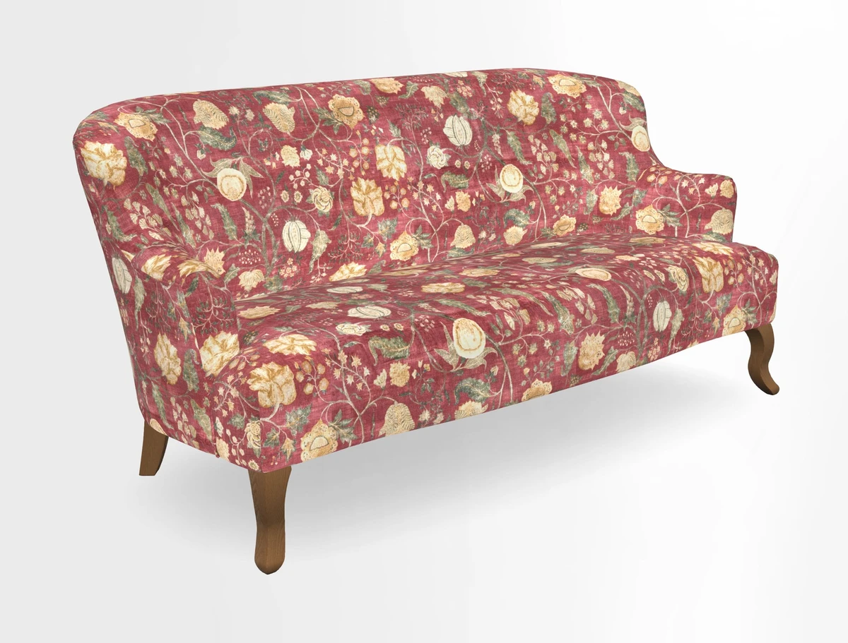 Grassington 3 Seater Sofa in RHS Botanicals on Velvet Ferns Toile Olive with scatter in Almost Plain Velvet Harvest