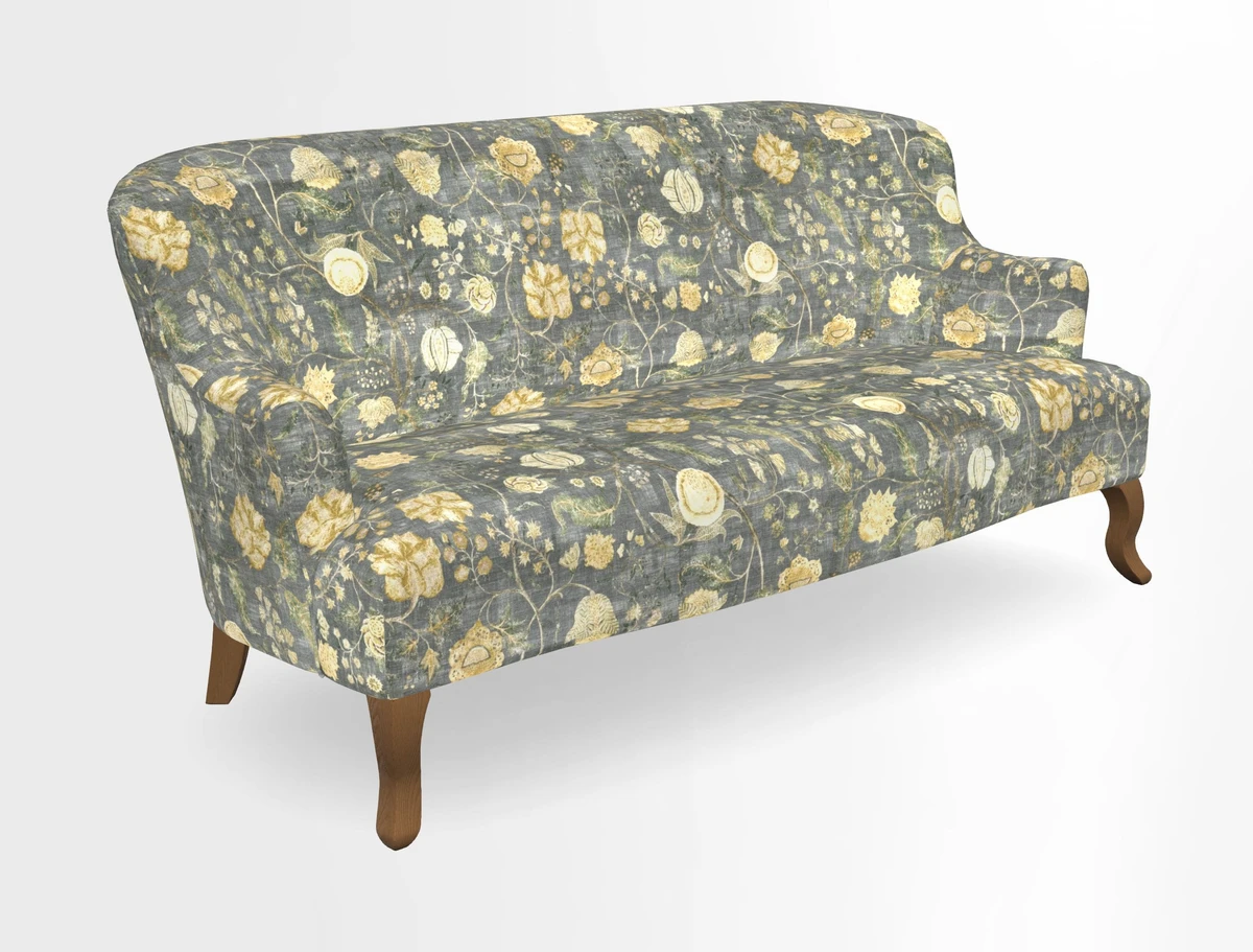 Grassington 3 Seater Sofa in RHS Botanicals on Velvet Ferns Toile Olive with scatter in Almost Plain Velvet Harvest