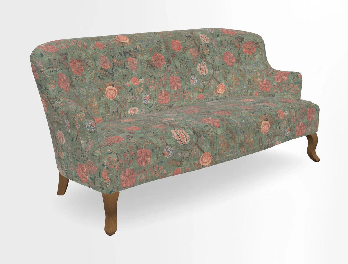 Grassington 3 Seater Sofa in RHS Botanicals on Velvet Ferns Toile Olive with scatter in Almost Plain Velvet Harvest