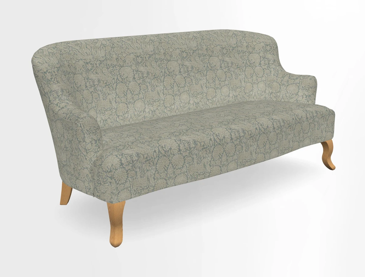 Grassington 3 Seater Sofa in RHS Botanicals on Velvet Ferns Toile Olive with scatter in Almost Plain Velvet Harvest