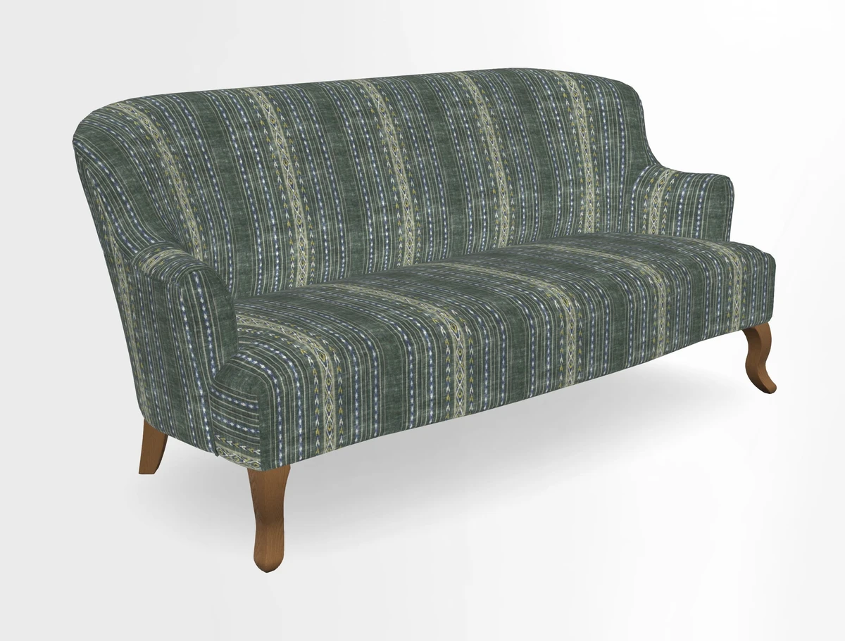 Grassington 3 Seater Sofa in RHS Botanicals on Velvet Ferns Toile Olive with scatter in Almost Plain Velvet Harvest