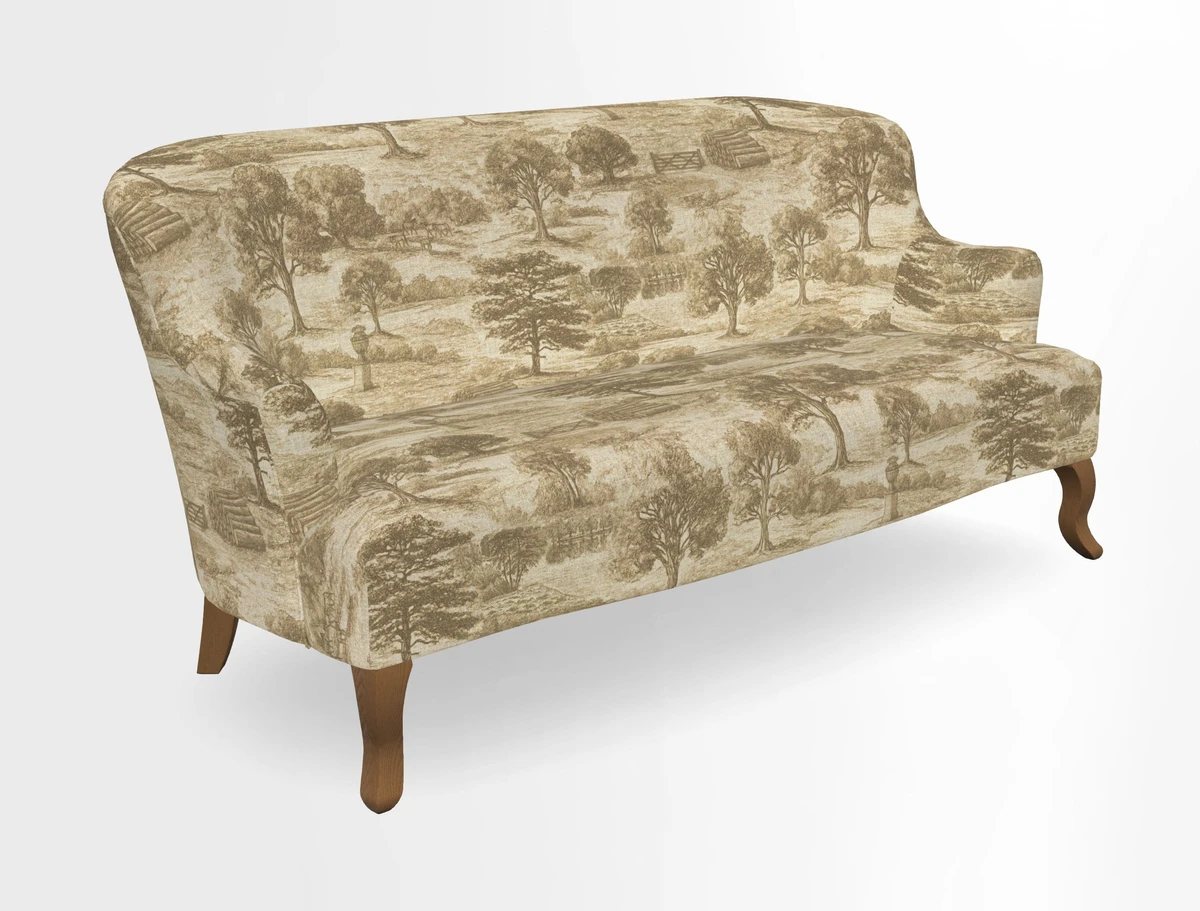 Grassington 3 Seater Sofa in RHS Botanicals on Velvet Ferns Toile Olive with scatter in Almost Plain Velvet Harvest