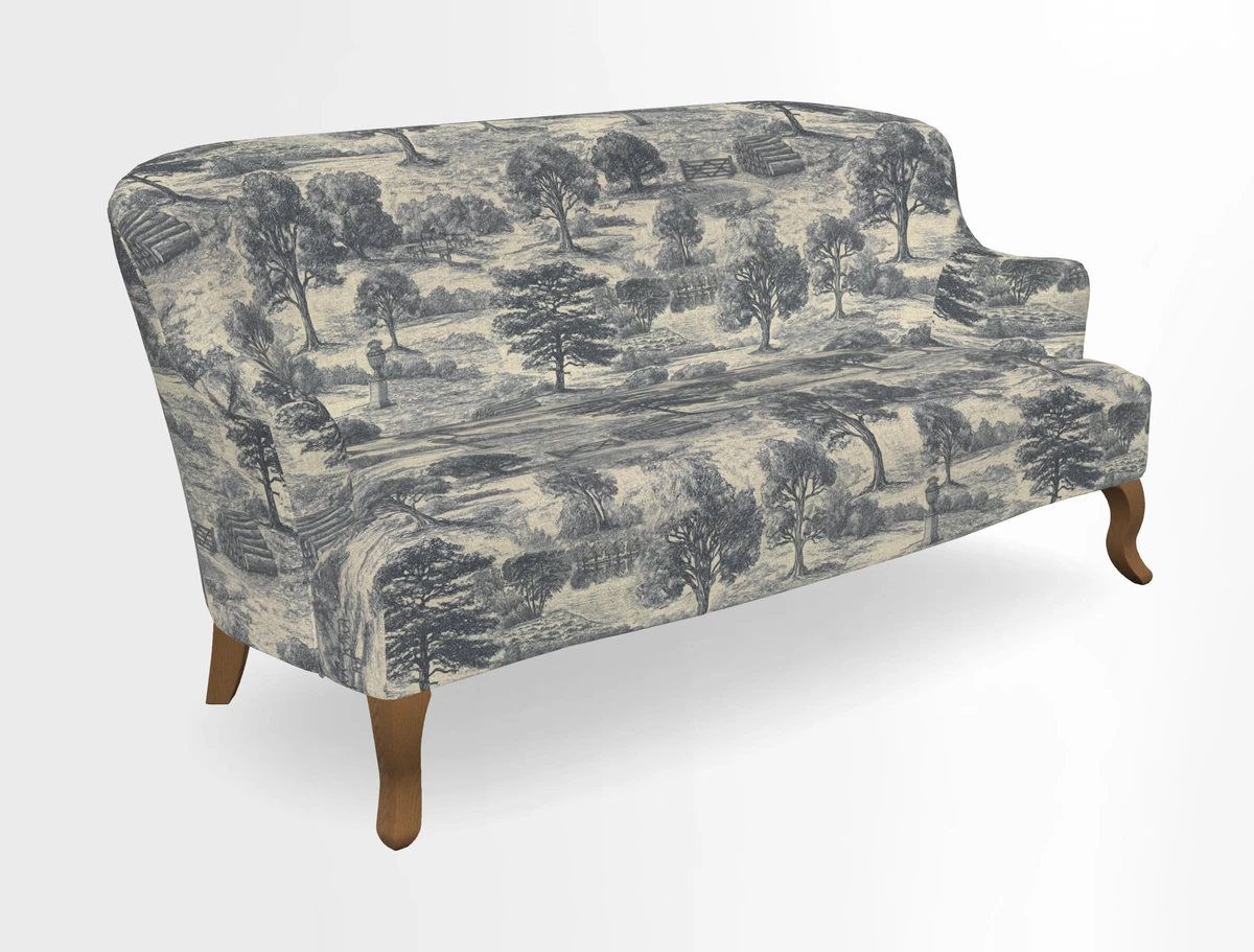 Grassington 3 Seater Sofa in RHS Botanicals on Velvet Ferns Toile Olive with scatter in Almost Plain Velvet Harvest