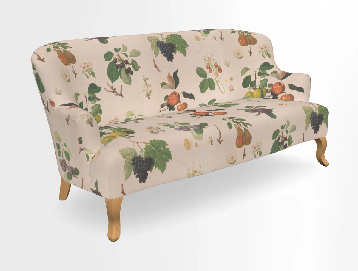 Grassington 3 Seater Sofa in RHS Botanicals on Velvet Ferns Toile Olive with scatter in Almost Plain Velvet Harvest