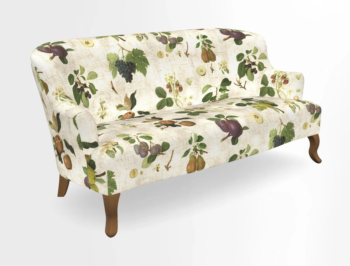 Grassington 3 Seater Sofa in RHS Botanicals on Velvet Ferns Toile Olive with scatter in Almost Plain Velvet Harvest